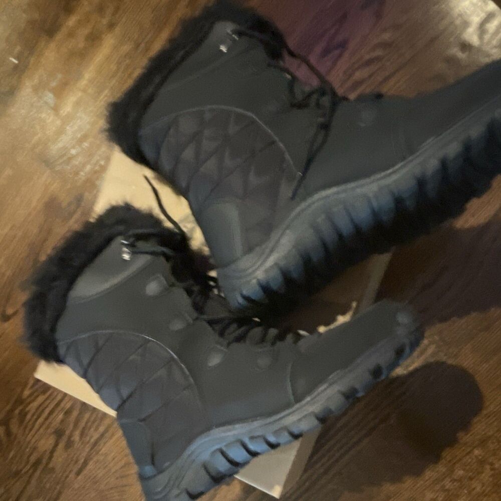 POLAR Black Lace-Up Snow Boots Faux Fur Trim Mid-Calf Round Toe US 10 EU 41
